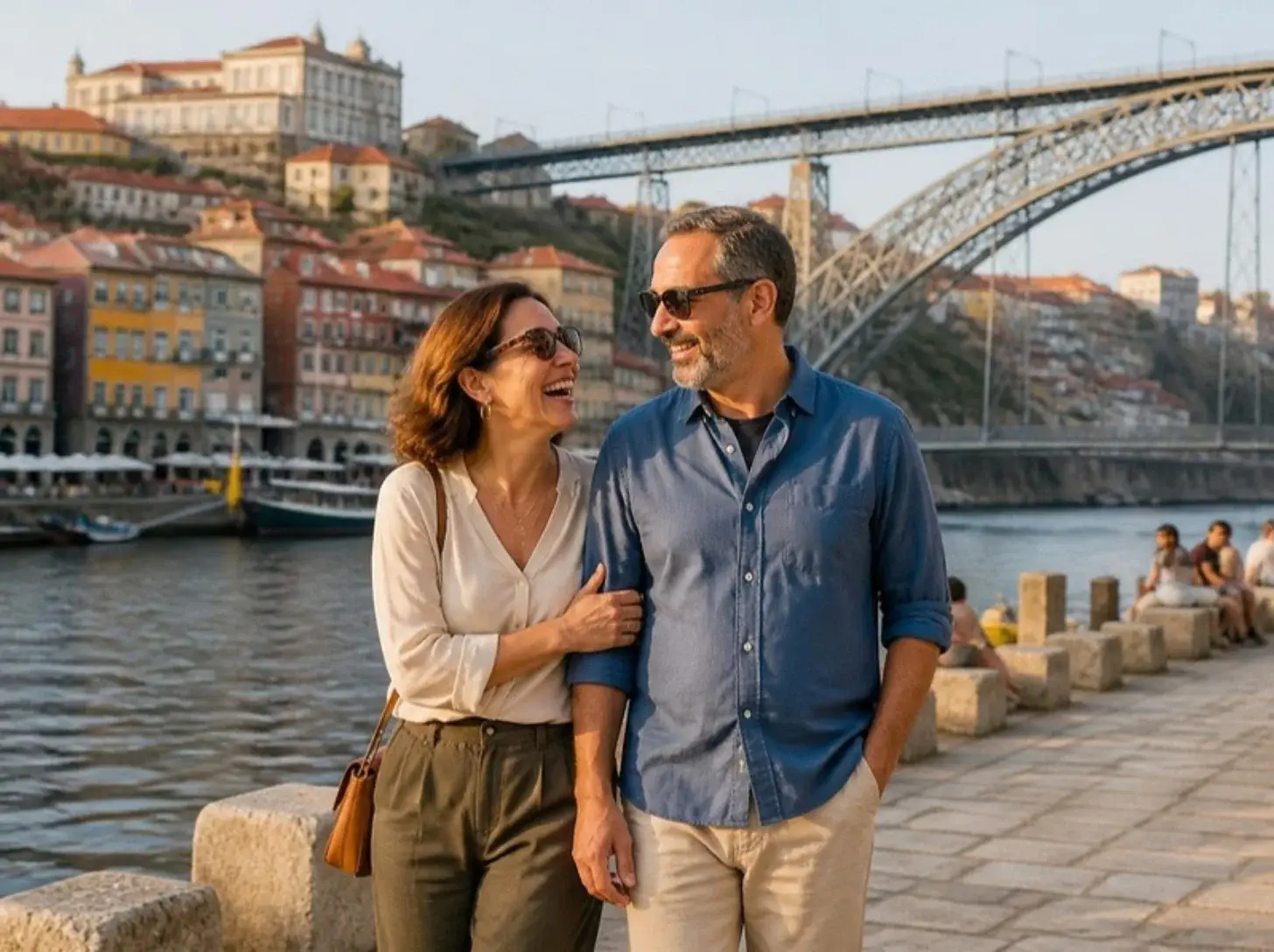 Casal passeando à beira do rio Douro, no Porto