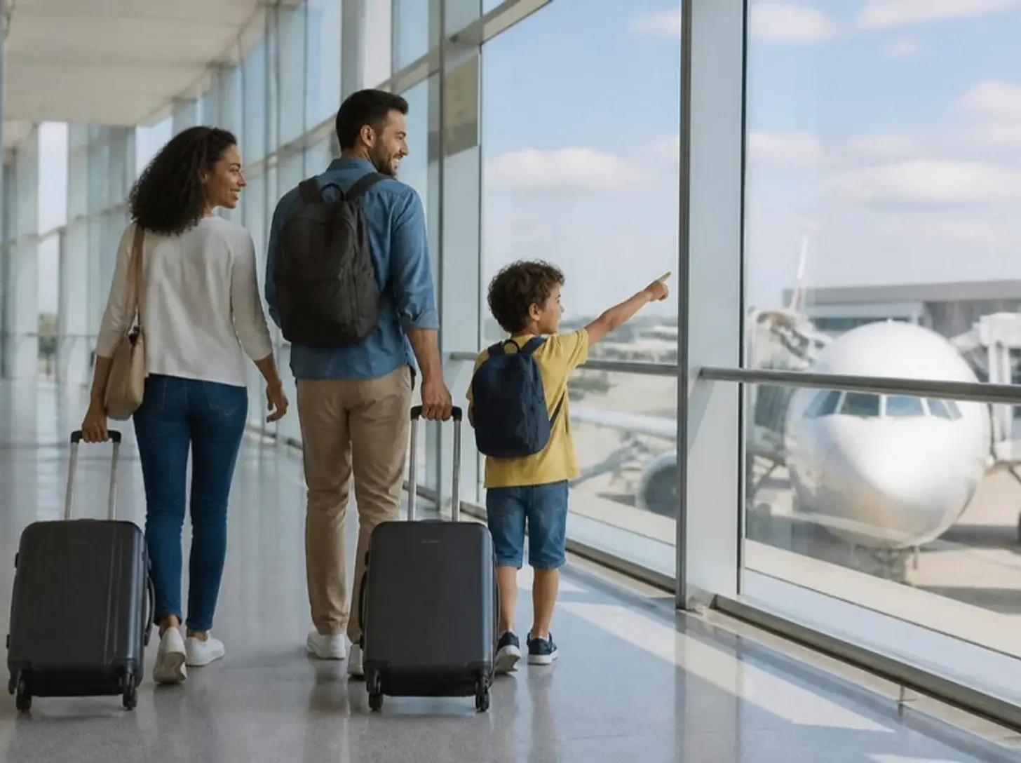 Família com malas no aeroporto, a caminho do embarque